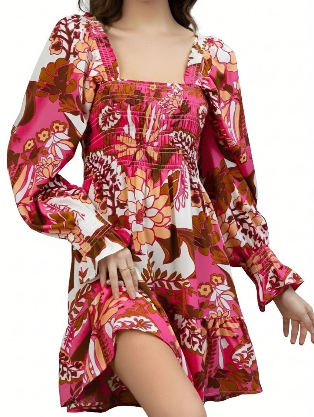 Retro Pink Floral Smocked Dress Size Small Womens